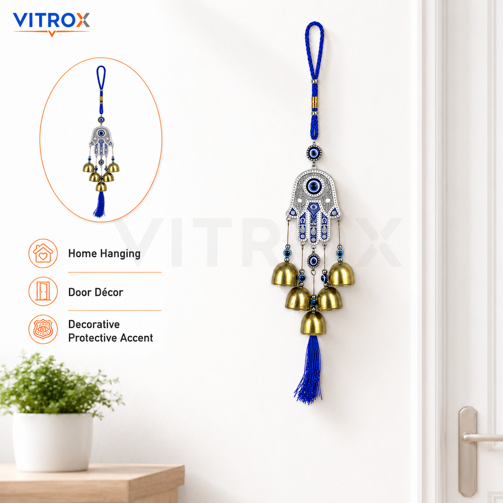 Vitrox Hamsa Hand Evil Eye Wind Chime with 5 Metallic Bells