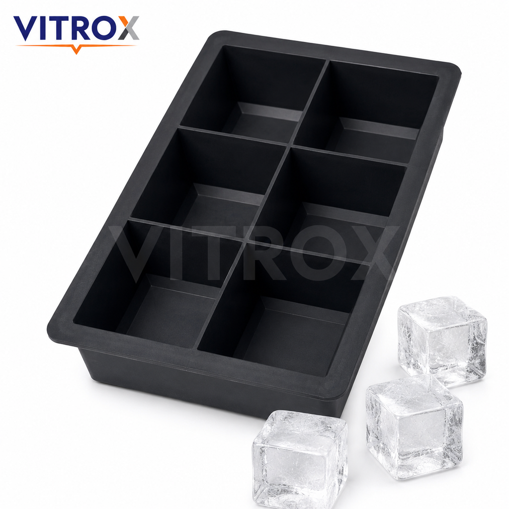 Vitrox Big Square Ice Cube Tray | 6 Large Cube Flexible Silicone Ice Tray | Black