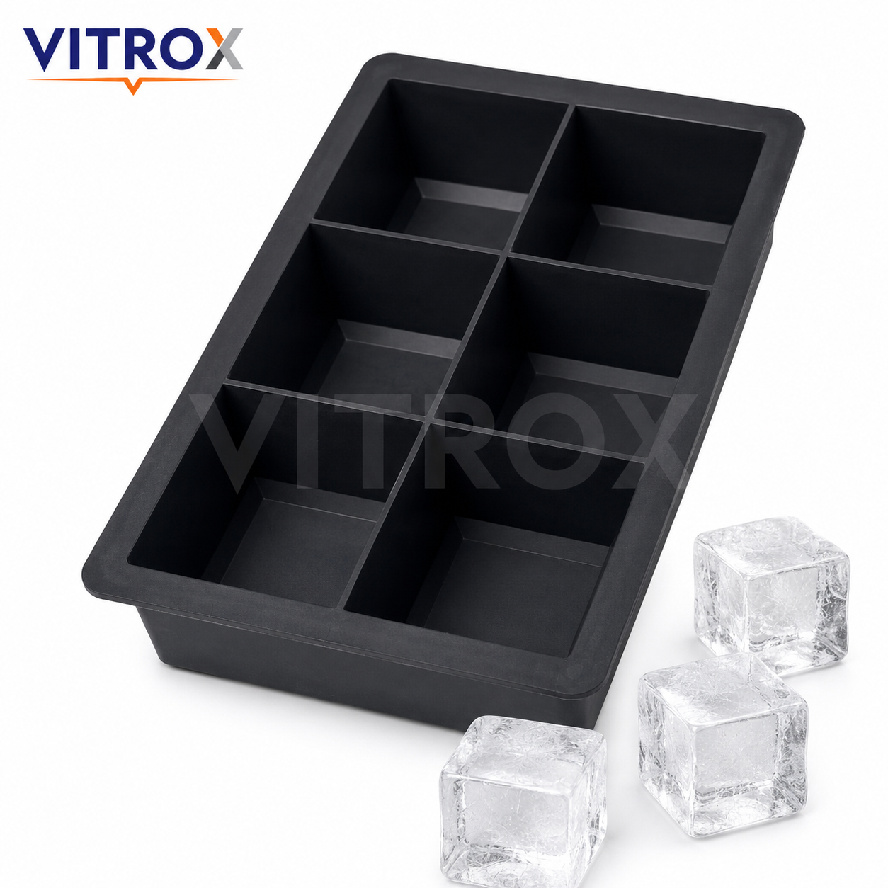 Vitrox Big Square Ice Cube Tray | 6 Large Cube Flexible Silicone Ice Tray | Black