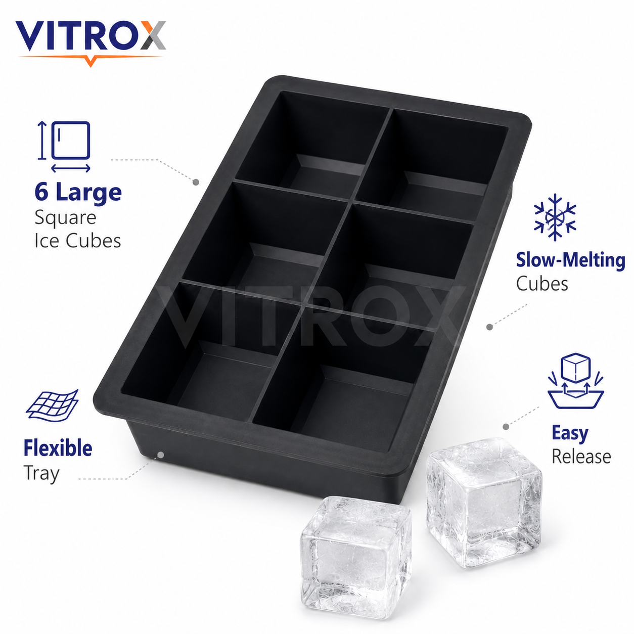 Vitrox Big Square Ice Cube Tray | 6 Large Cube Flexible Silicone Ice Tray | Black