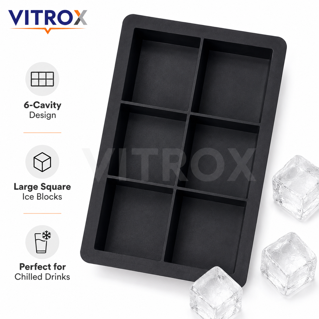 Vitrox Big Square Ice Cube Tray | 6 Large Cube Flexible Silicone Ice Tray | Black
