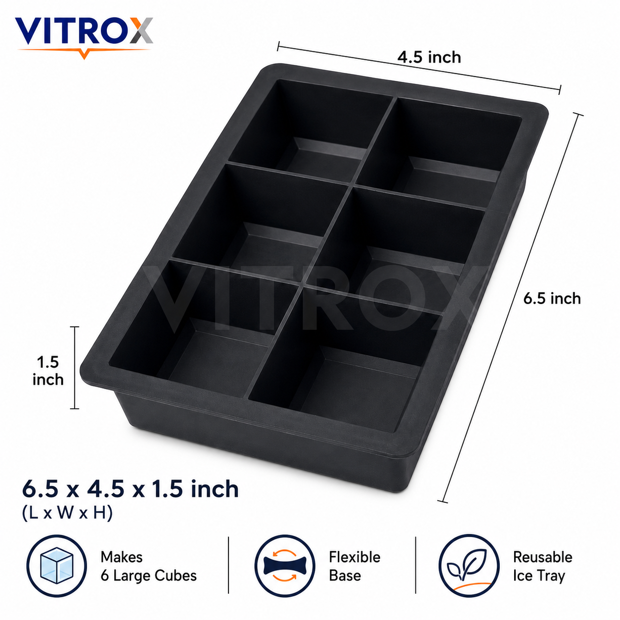 Vitrox Big Square Ice Cube Tray | 6 Large Cube Flexible Silicone Ice Tray | Black