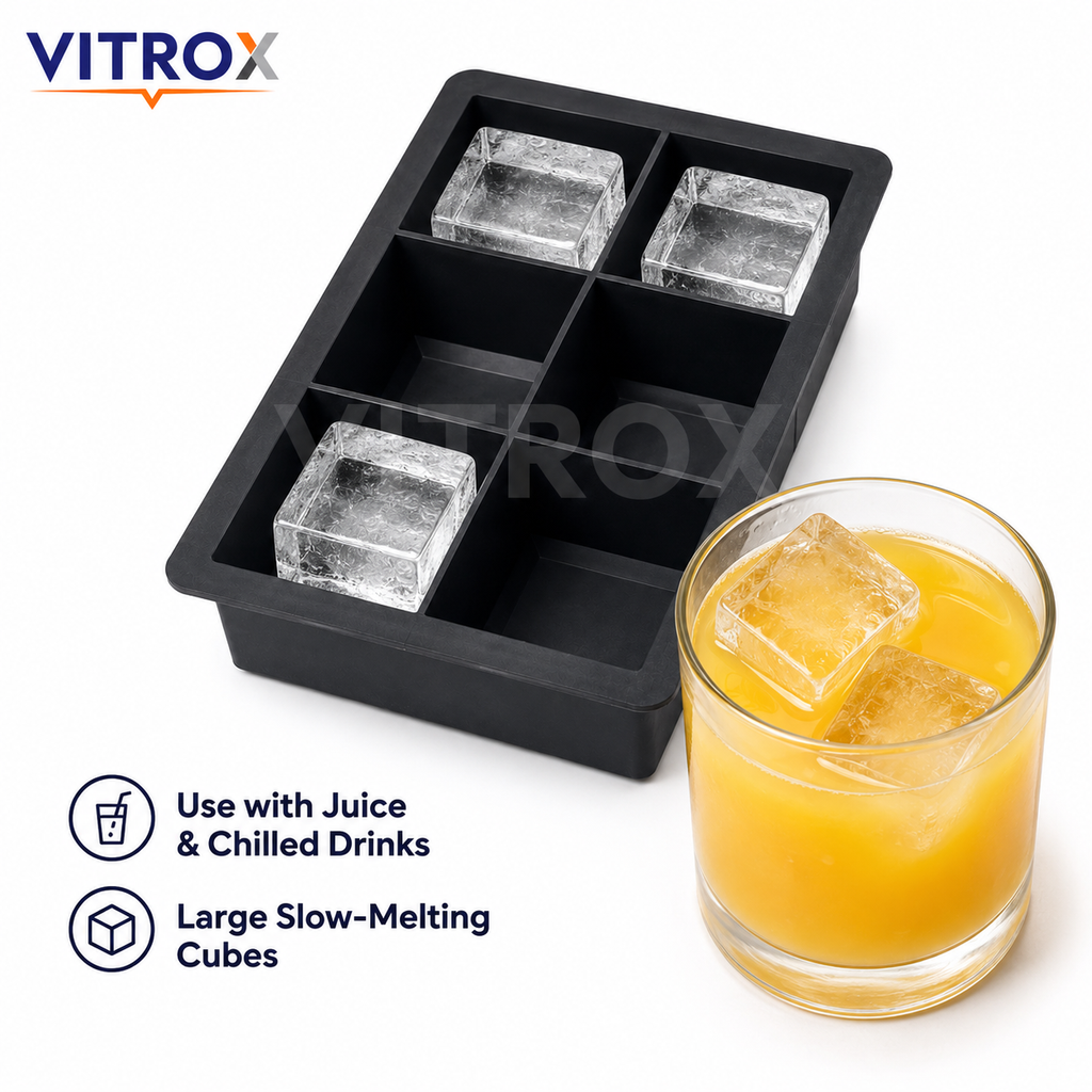 Vitrox Big Square Ice Cube Tray | 6 Large Cube Flexible Silicone Ice Tray | Black