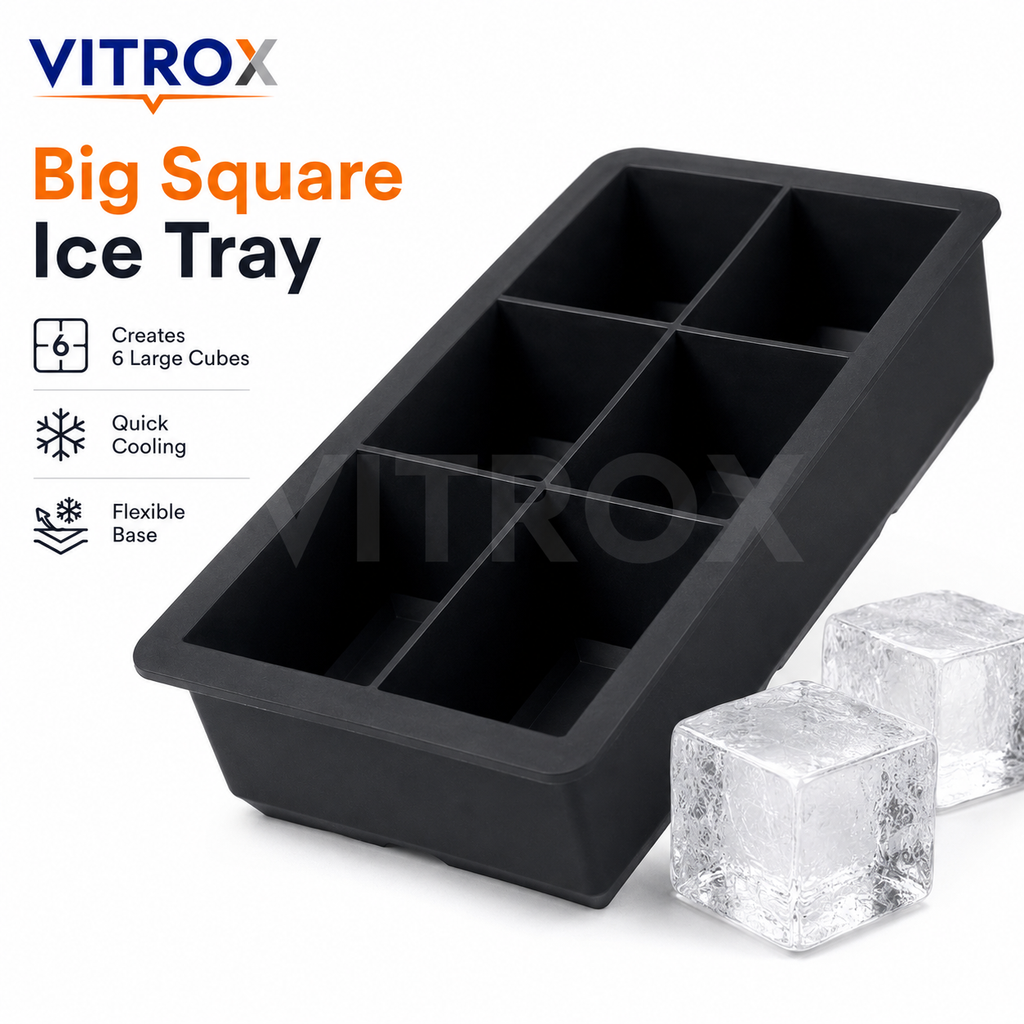 Vitrox Big Square Ice Cube Tray | 6 Large Cube Flexible Silicone Ice Tray | Black