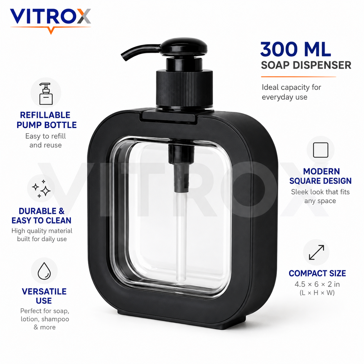 Vitrox 300ml Square Liquid Soap Dispenser Bottle