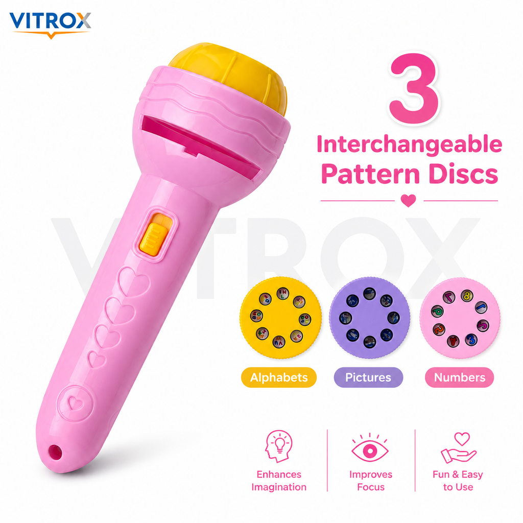 Vitrox Mini Projector Torch Toy for Kids with 3 Interchangeable Pattern Discs – Pink &amp; Yellow, 4.5 Inch