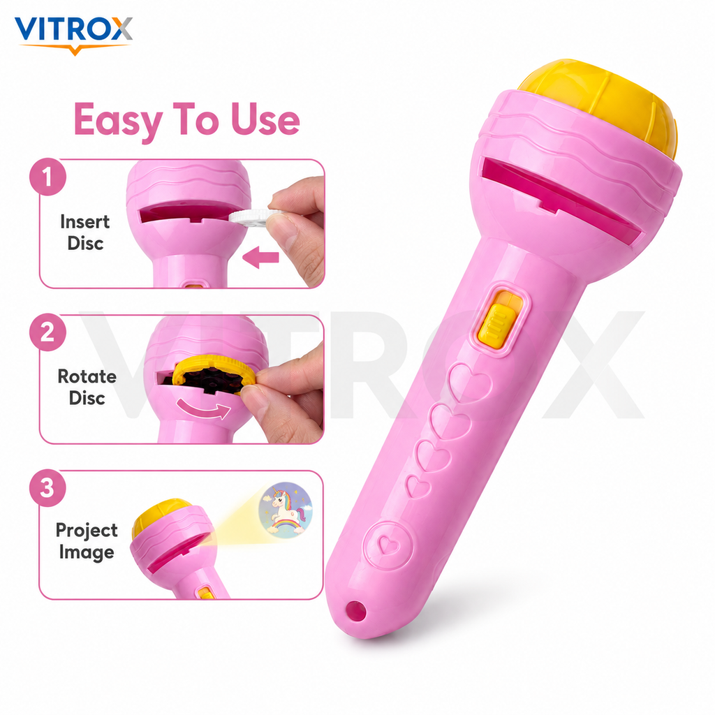 Vitrox Mini Projector Torch Toy for Kids with 3 Interchangeable Pattern Discs – Pink &amp; Yellow, 4.5 Inch