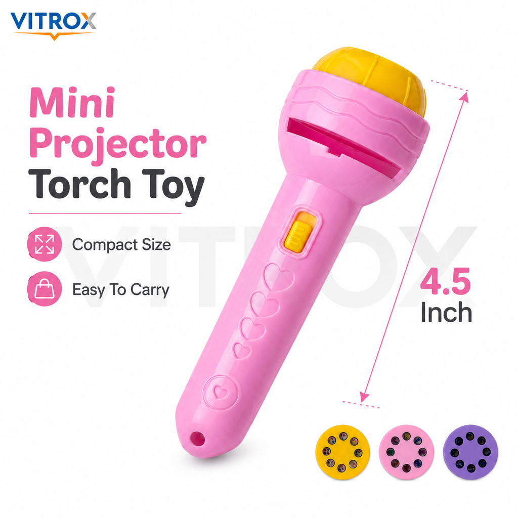 Vitrox Mini Projector Torch Toy for Kids with 3 Interchangeable Pattern Discs – Pink &amp; Yellow, 4.5 Inch