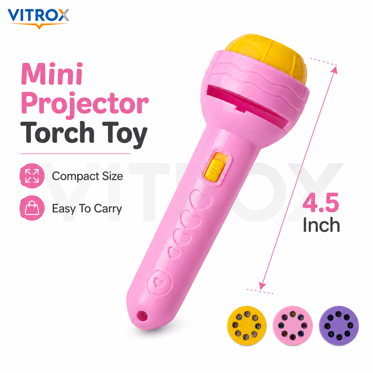 Vitrox Mini Projector Torch Toy for Kids with 3 Interchangeable Pattern Discs – Pink &amp; Yellow, 4.5 Inch