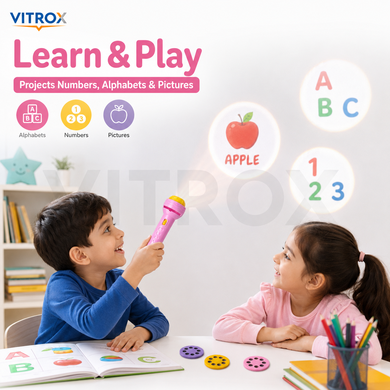 Vitrox Mini Projector Torch Toy for Kids with 3 Interchangeable Pattern Discs – Pink &amp; Yellow, 4.5 Inch