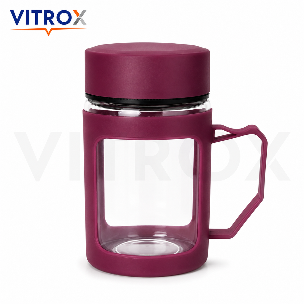 Vitrox 450ml Glass Tea Mug with Protective Silicone Sleeve, Lid &amp; Handle – Maroon