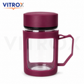 Vitrox 450ml Glass Tea Mug with Protective Silicone Sleeve, Lid &amp; Handle – Maroon