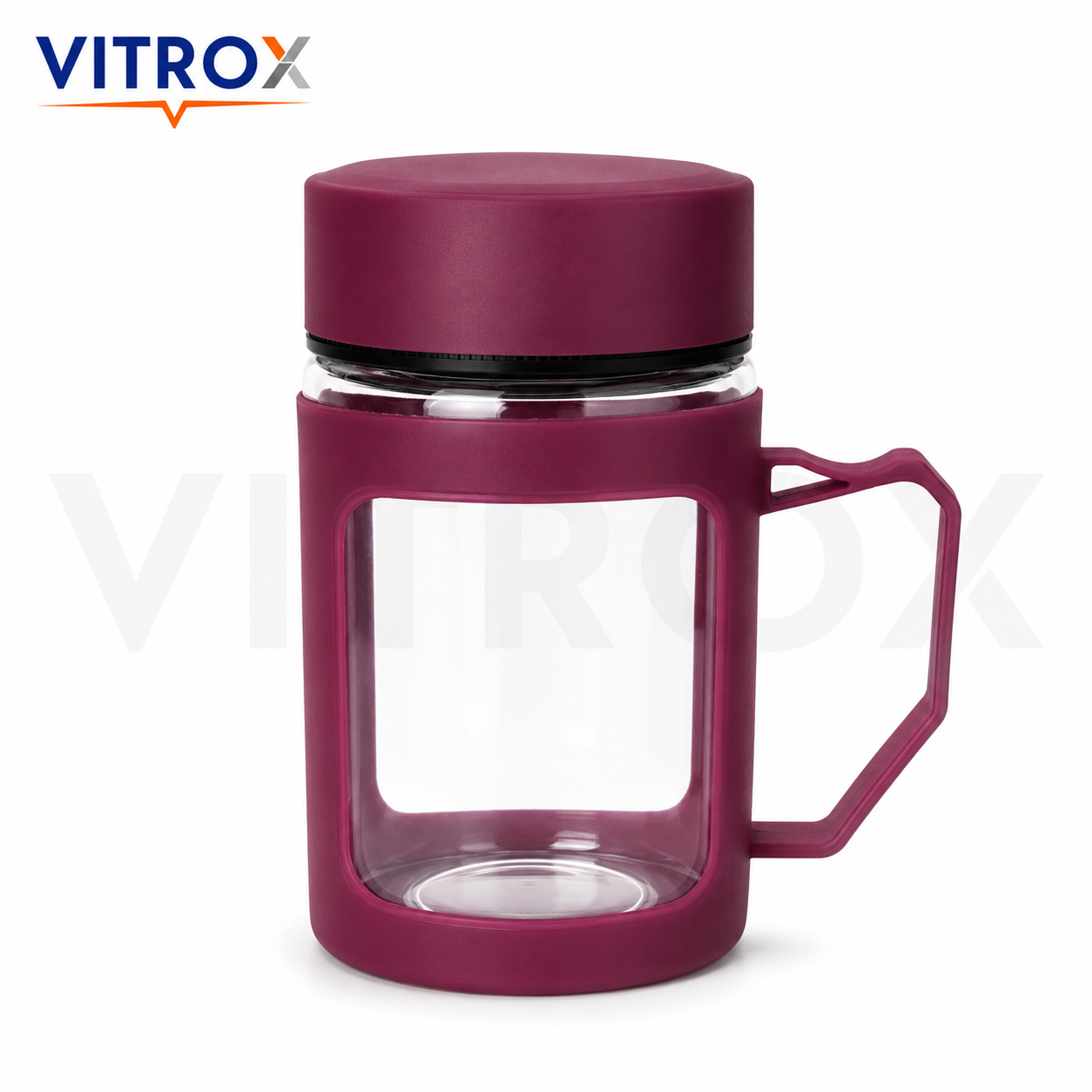 Vitrox 450ml Glass Tea Mug with Protective Silicone Sleeve, Lid &amp; Handle – Maroon