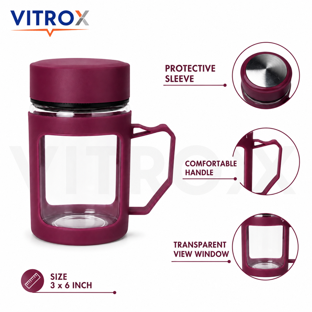 Vitrox 450ml Glass Tea Mug with Protective Silicone Sleeve, Lid &amp; Handle – Maroon