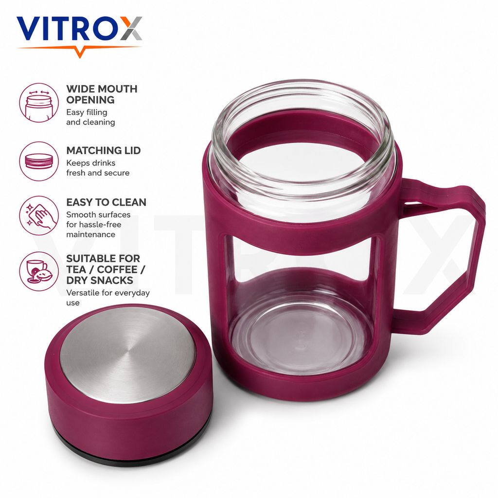 Vitrox 450ml Glass Tea Mug with Protective Silicone Sleeve, Lid &amp; Handle – Maroon