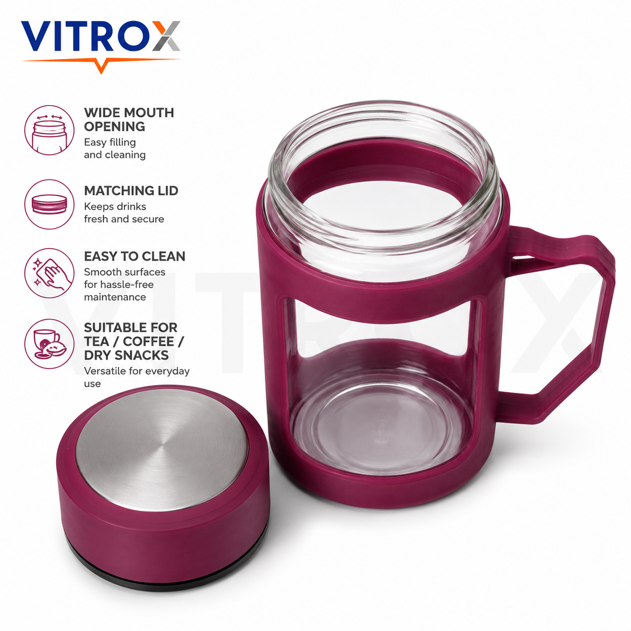 Vitrox 450ml Glass Tea Mug with Protective Silicone Sleeve, Lid &amp; Handle – Maroon