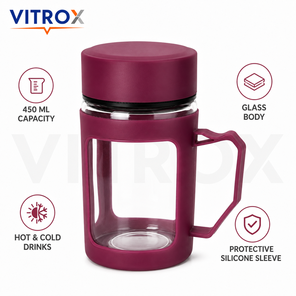 Vitrox 450ml Glass Tea Mug with Protective Silicone Sleeve, Lid &amp; Handle – Maroon