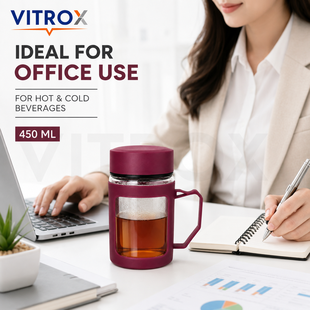 Vitrox 450ml Glass Tea Mug with Protective Silicone Sleeve, Lid &amp; Handle – Maroon