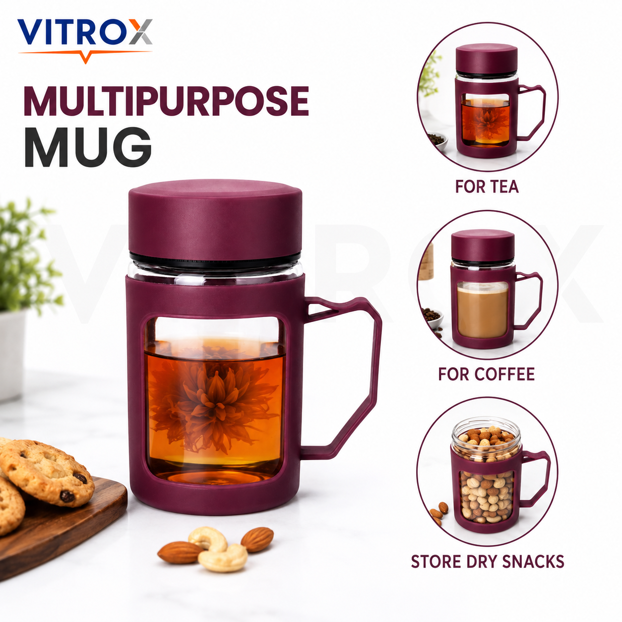 Vitrox 450ml Glass Tea Mug with Protective Silicone Sleeve, Lid &amp; Handle – Maroon