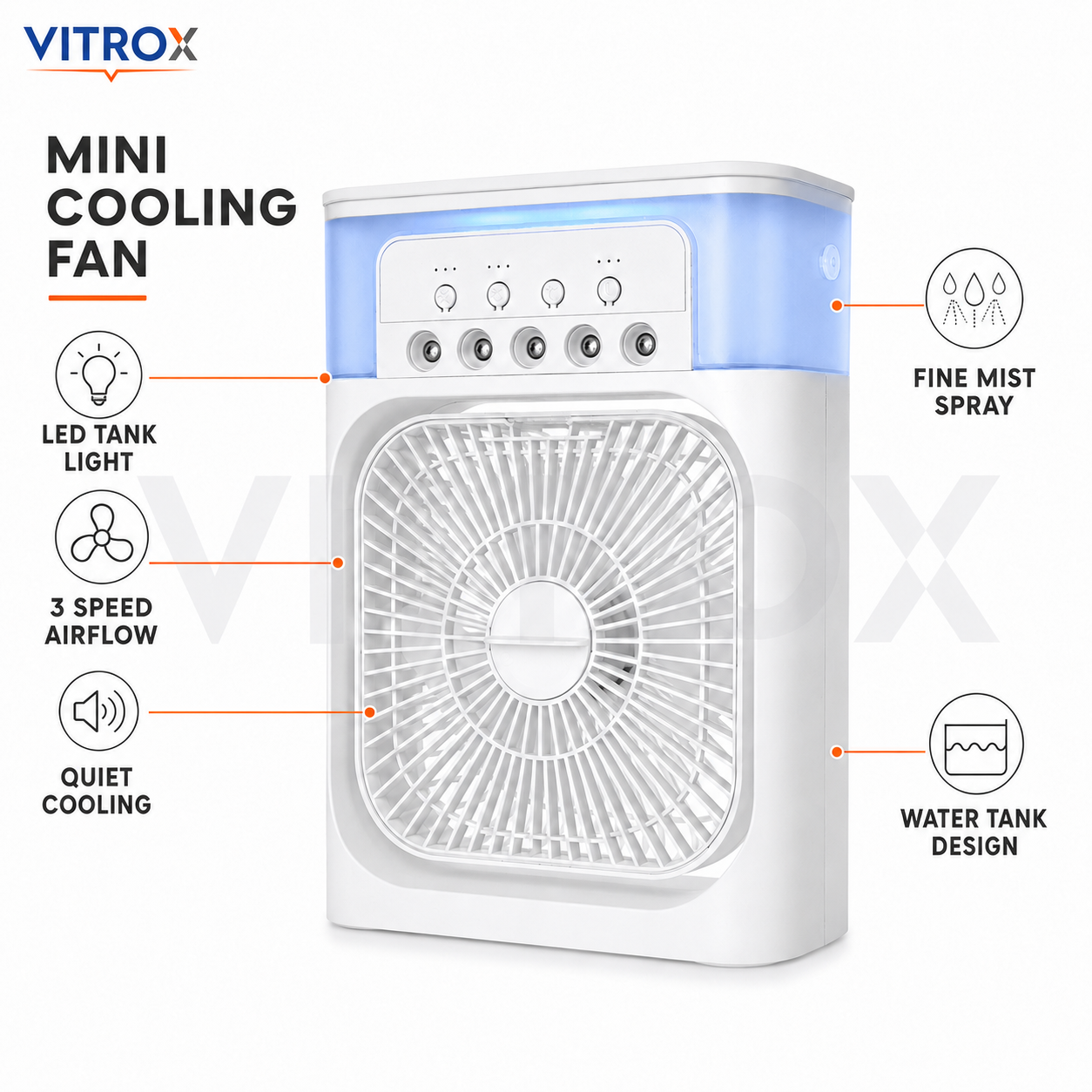 Vitrox Mini Cooling Fan with 5 Mist Nozzles, 3-Speed Airflow, Top Water Tank &amp; Type-C Power – White and Grey