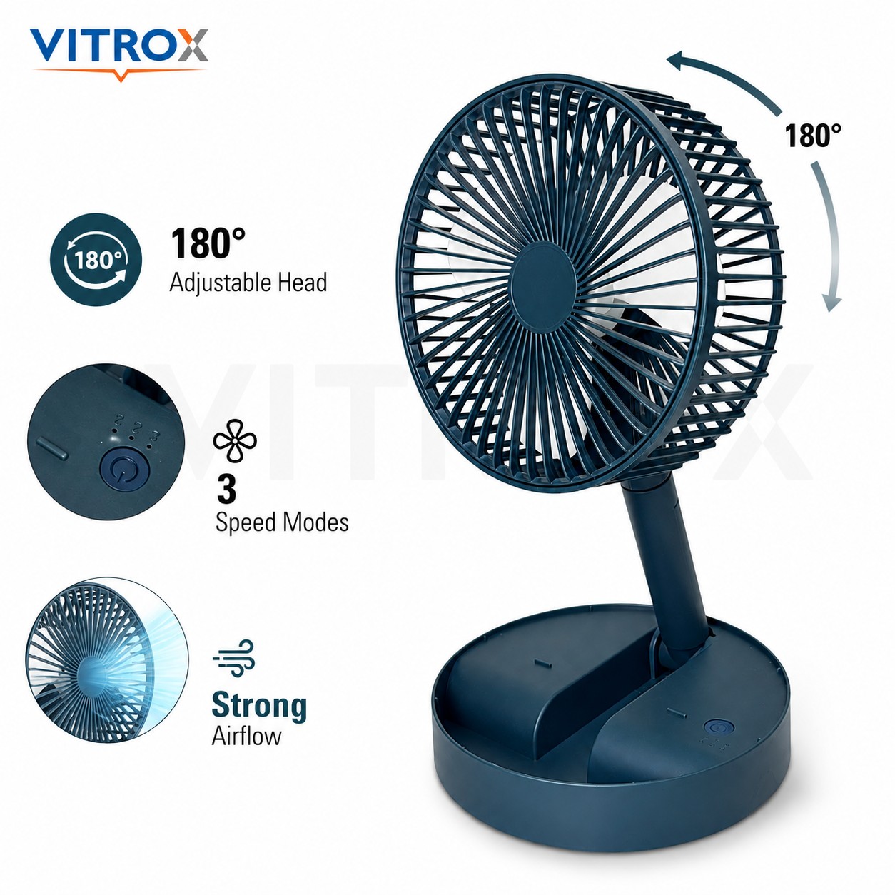 Vitrox Foldable Desk Fan with 3-Speed Airflow, 180° Adjustable Head &amp; Mobile Phone Holder – Dark Teal Blue