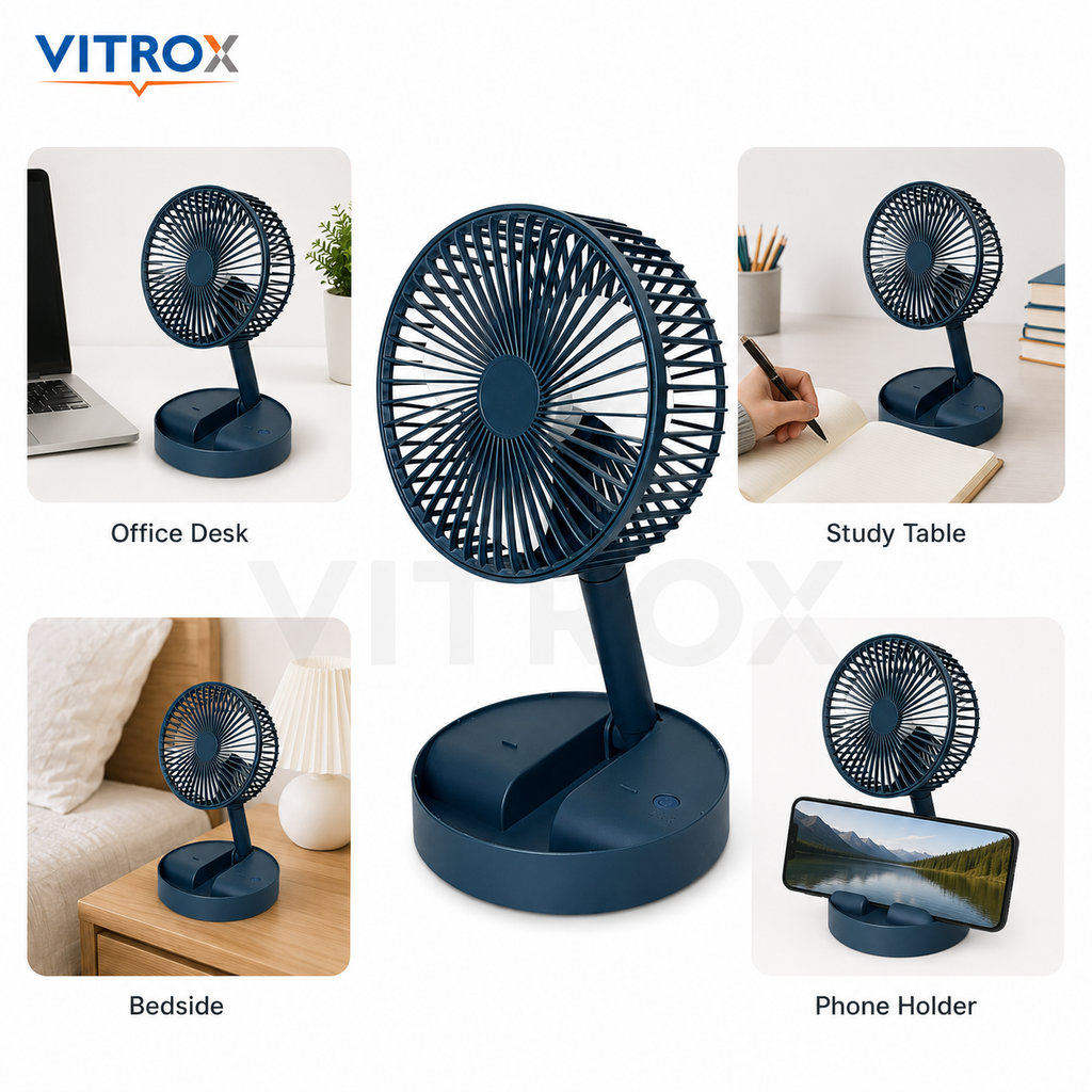 Vitrox Foldable Desk Fan with 3-Speed Airflow, 180° Adjustable Head &amp; Mobile Phone Holder – Dark Teal Blue