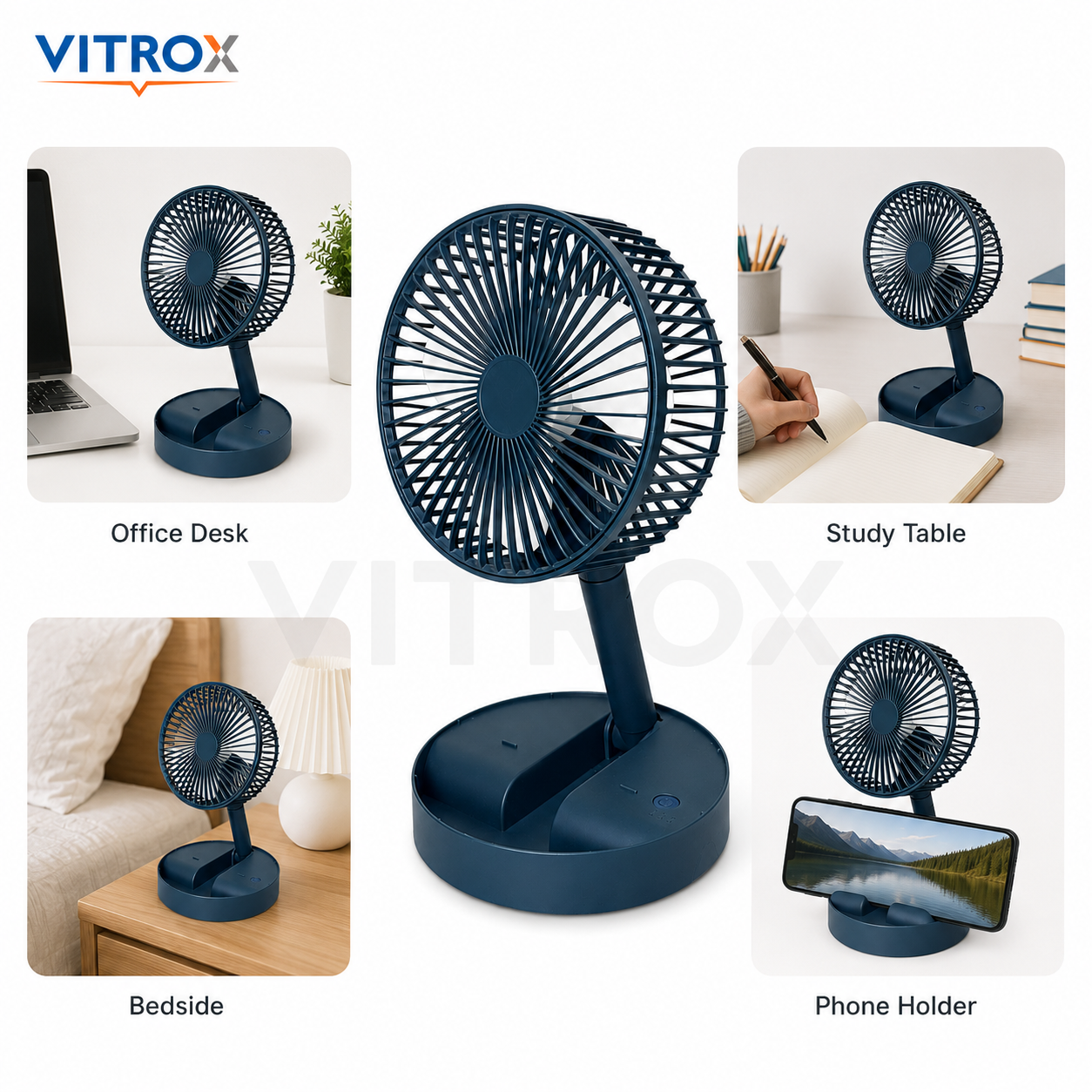 Vitrox Foldable Desk Fan with 3-Speed Airflow, 180° Adjustable Head &amp; Mobile Phone Holder – Dark Teal Blue