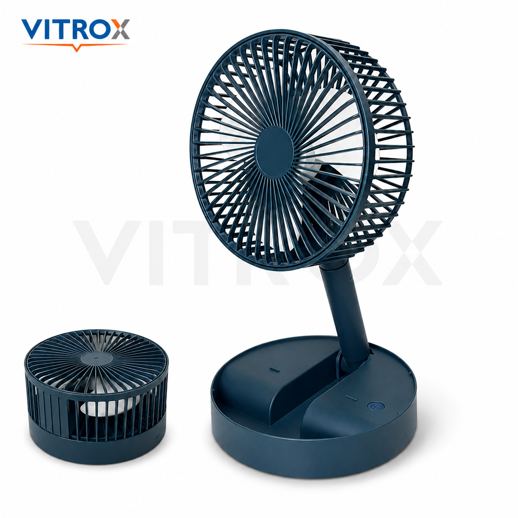 Vitrox Foldable Desk Fan with 3-Speed Airflow, 180° Adjustable Head &amp; Mobile Phone Holder – Dark Teal Blue