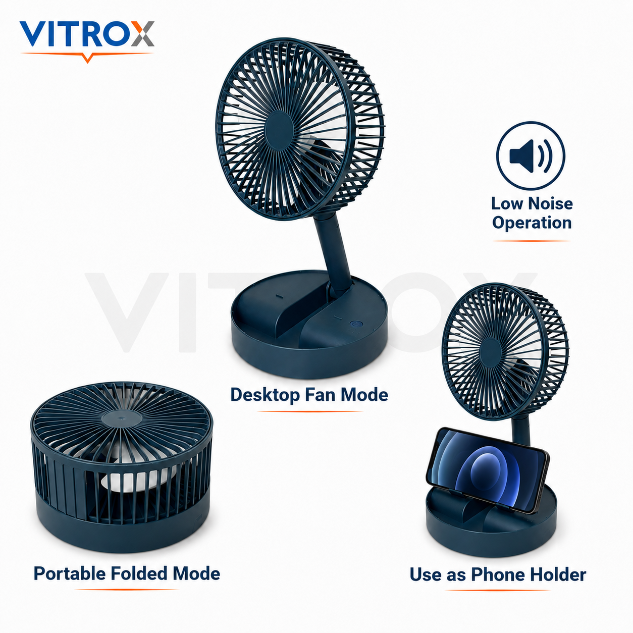 Vitrox Foldable Desk Fan with 3-Speed Airflow, 180° Adjustable Head &amp; Mobile Phone Holder – Dark Teal Blue