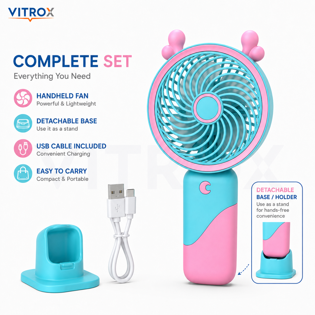Vitrox 6-Inch Rechargeable Mini Hand Fan with 3-Speed Airflow, Soft Light &amp; Detachable Desk Stand – Aqua Blue &amp; Pink