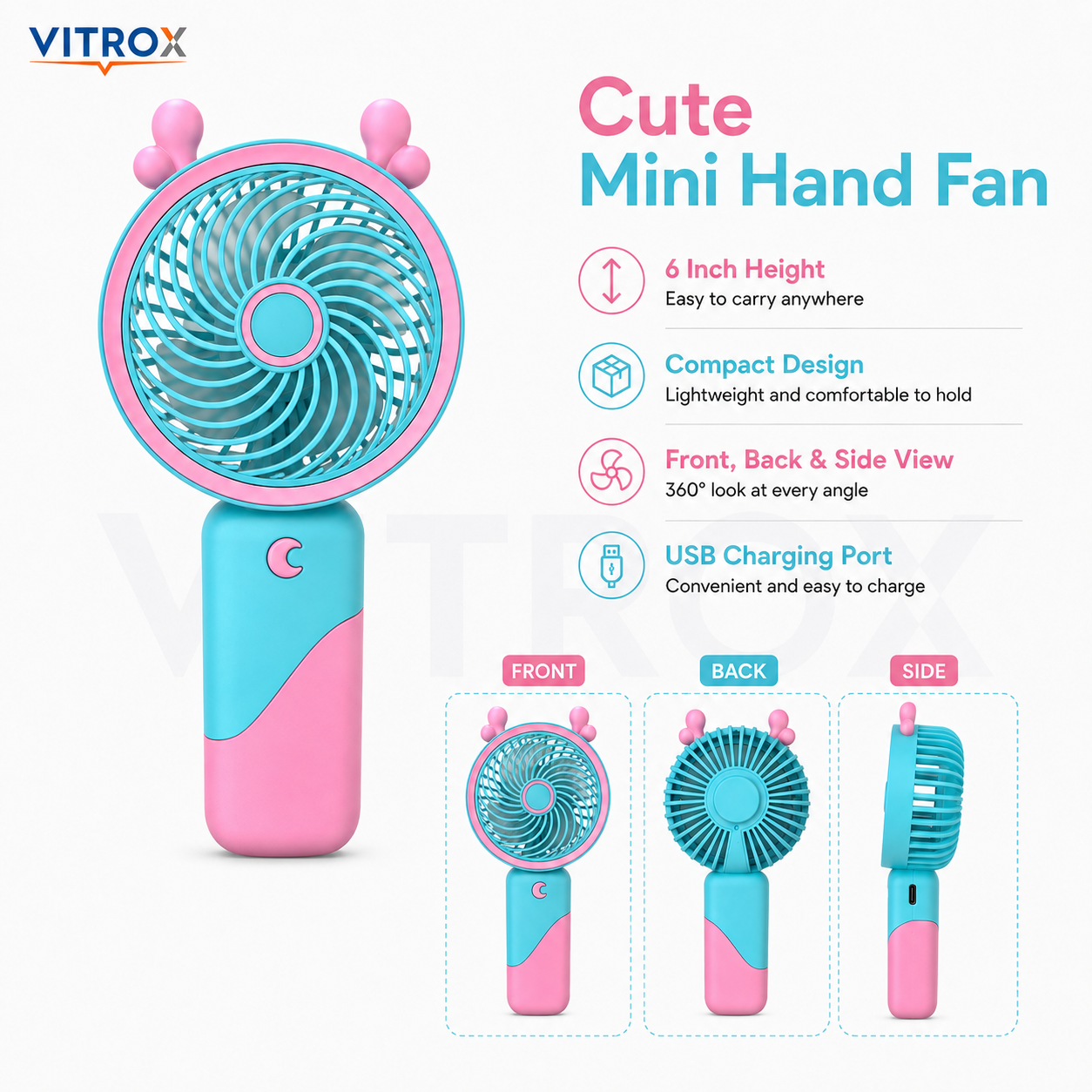 Vitrox 6-Inch Rechargeable Mini Hand Fan with 3-Speed Airflow, Soft Light &amp; Detachable Desk Stand – Aqua Blue &amp; Pink
