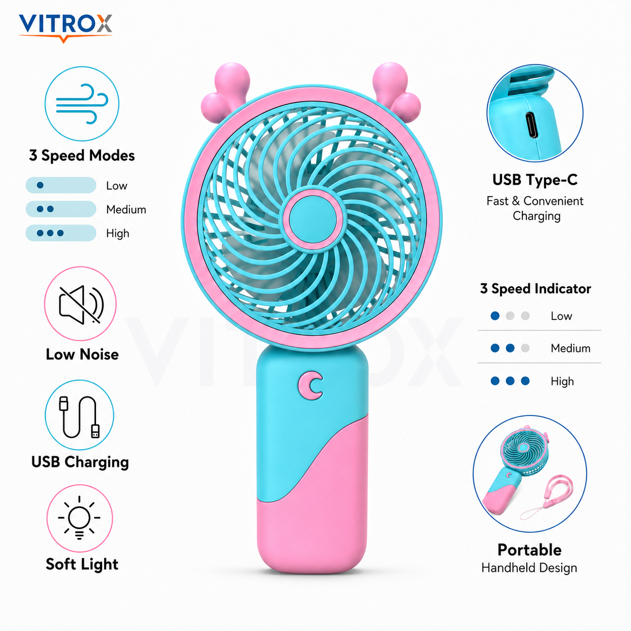 Vitrox 6-Inch Rechargeable Mini Hand Fan with 3-Speed Airflow, Soft Light &amp; Detachable Desk Stand – Aqua Blue &amp; Pink