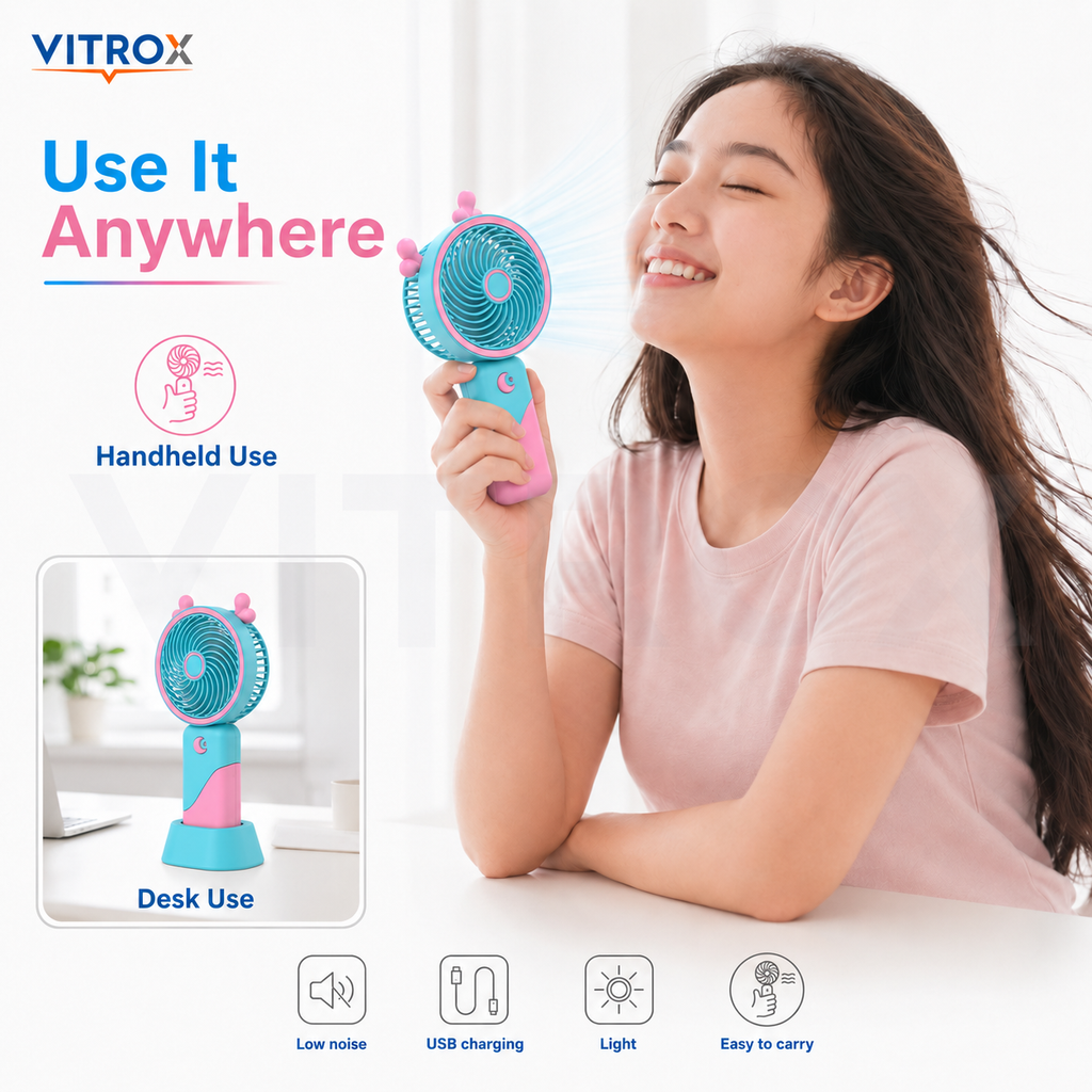 Vitrox 6-Inch Rechargeable Mini Hand Fan with 3-Speed Airflow, Soft Light &amp; Detachable Desk Stand – Aqua Blue &amp; Pink
