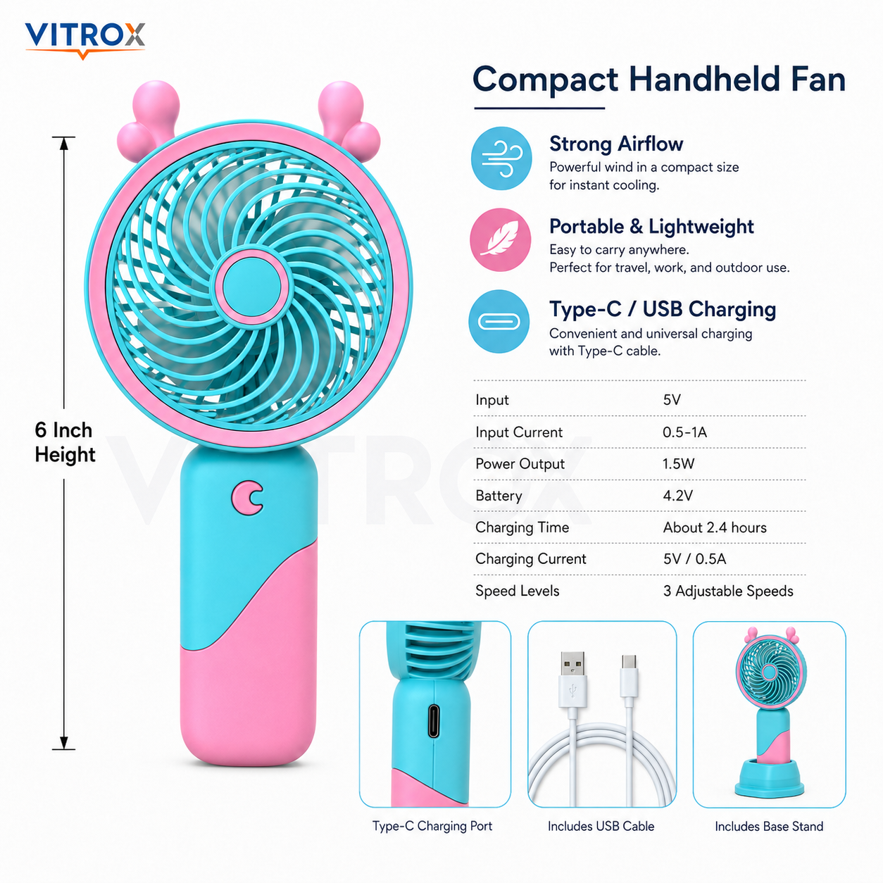 Vitrox 6-Inch Rechargeable Mini Hand Fan with 3-Speed Airflow, Soft Light &amp; Detachable Desk Stand – Aqua Blue &amp; Pink