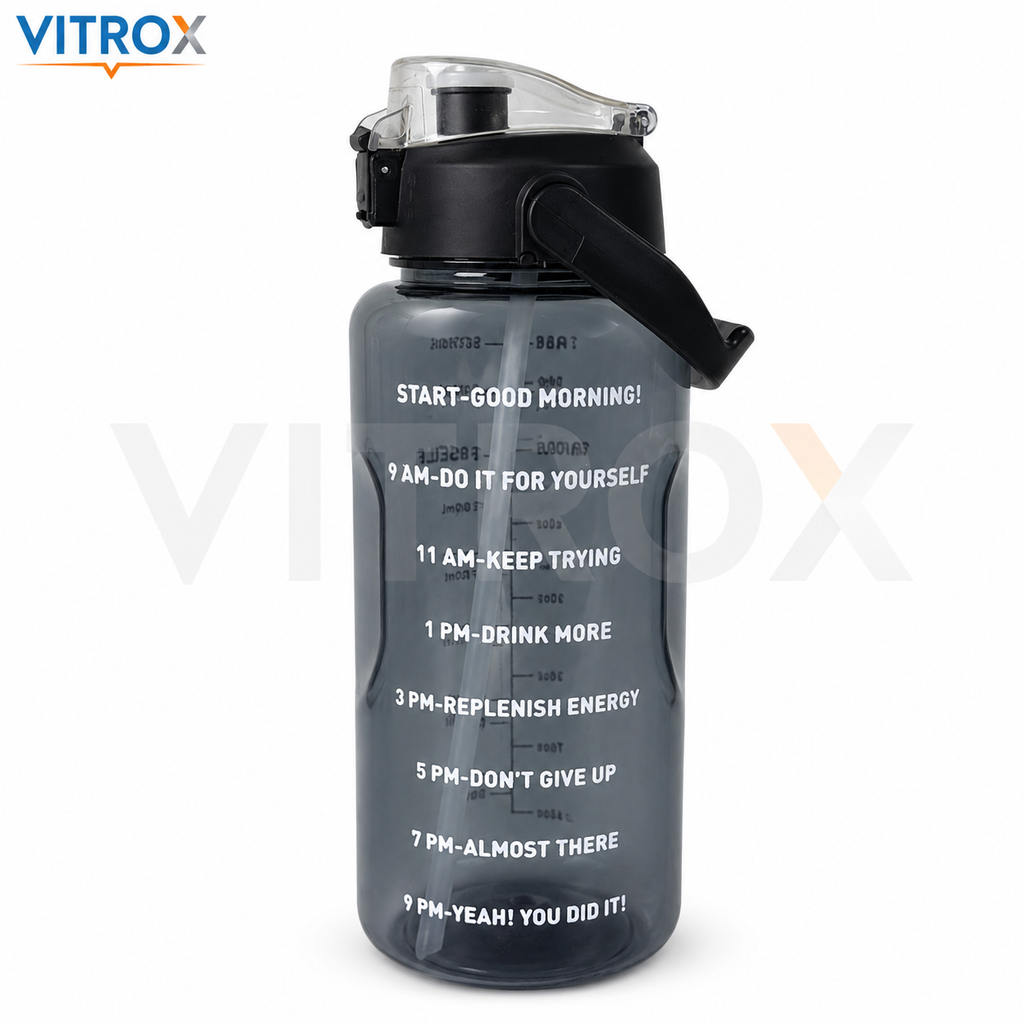 Vitrox 2 Litre Motivational Water Bottle with Time Markers, Built-In Straw &amp; Carry Handle – Smoky Black