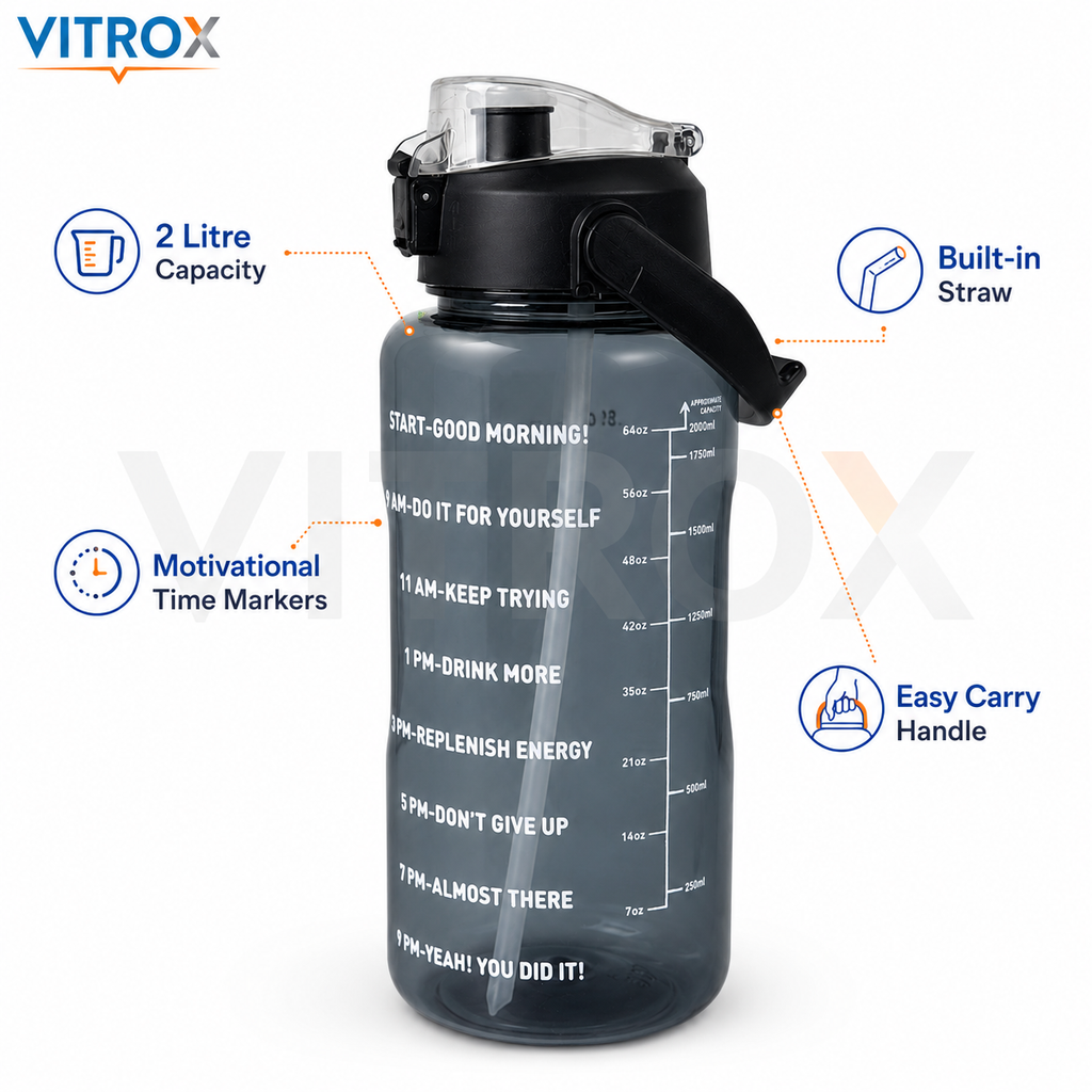 Vitrox 2 Litre Motivational Water Bottle with Time Markers, Built-In Straw &amp; Carry Handle – Smoky Black