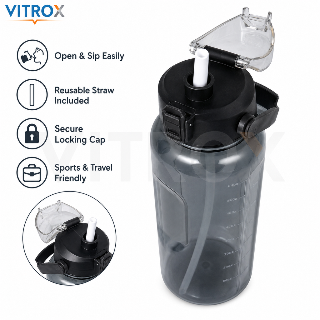Vitrox 2 Litre Motivational Water Bottle with Time Markers, Built-In Straw &amp; Carry Handle – Smoky Black