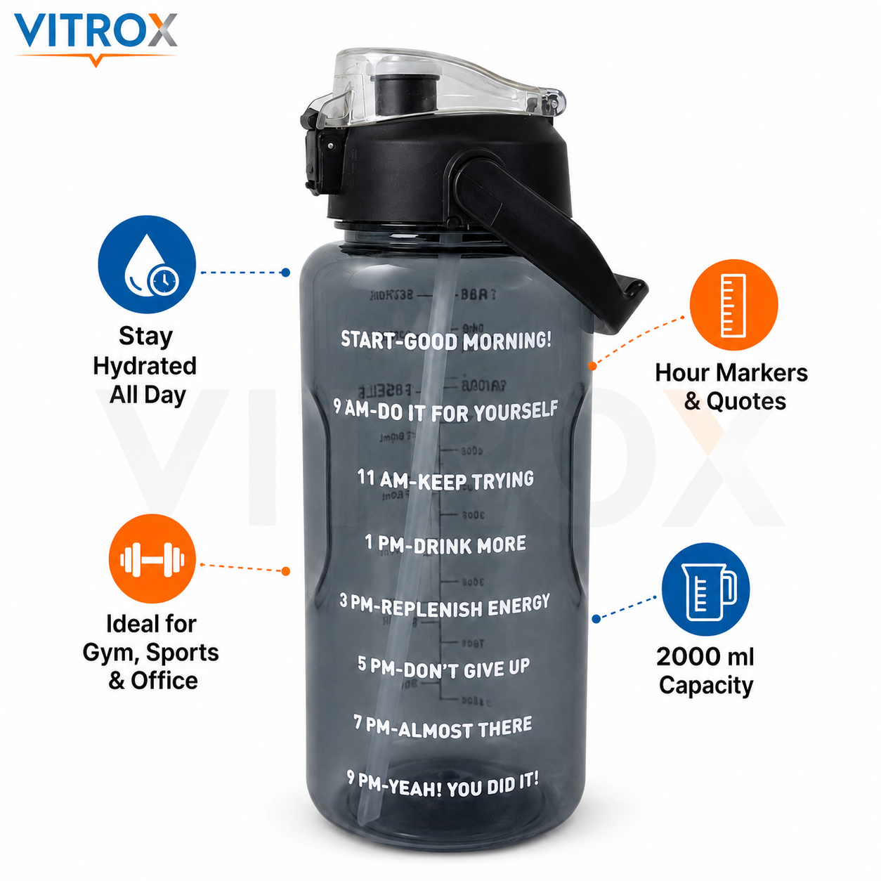 Vitrox 2 Litre Motivational Water Bottle with Time Markers, Built-In Straw &amp; Carry Handle – Smoky Black