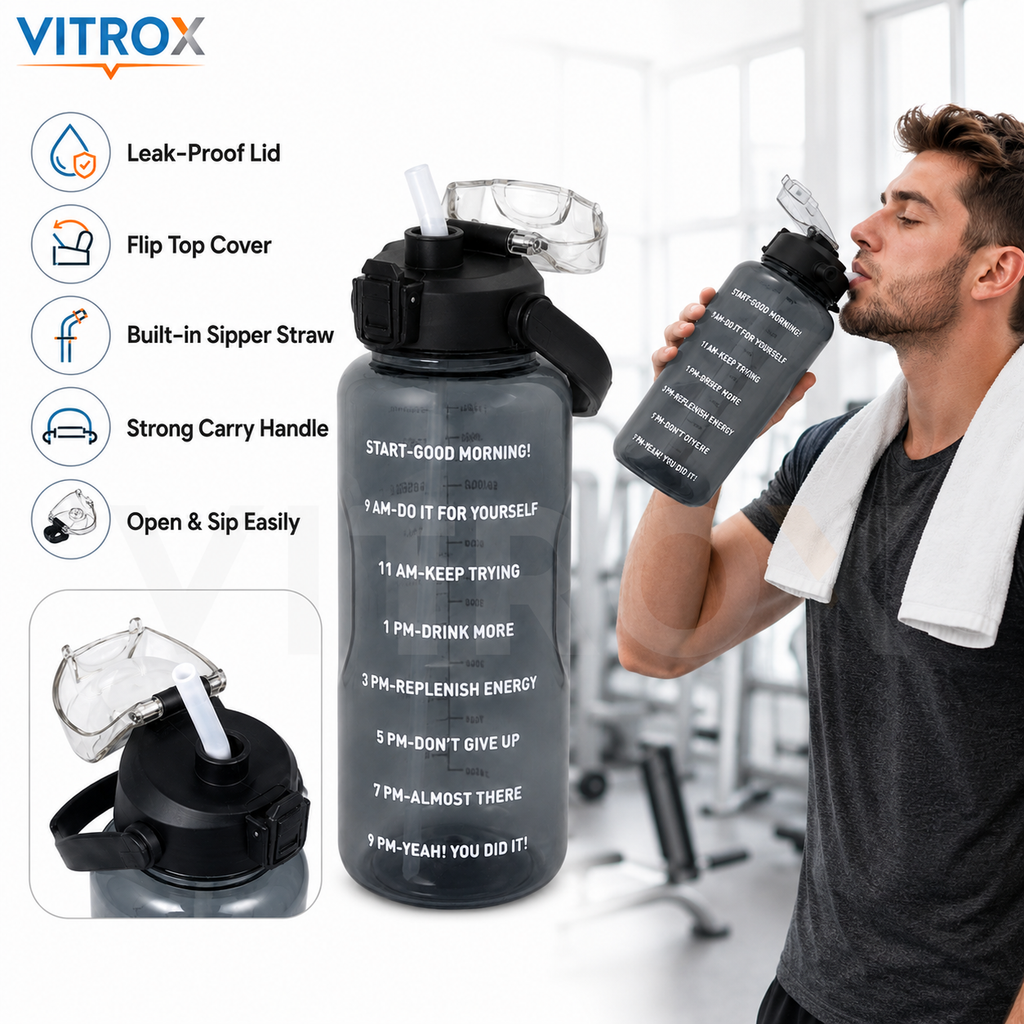 Vitrox 2 Litre Motivational Water Bottle with Time Markers, Built-In Straw &amp; Carry Handle – Smoky Black