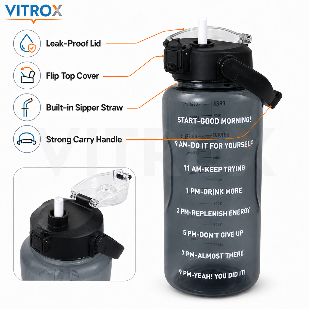 Vitrox 2 Litre Motivational Water Bottle with Time Markers, Built-In Straw &amp; Carry Handle – Smoky Black