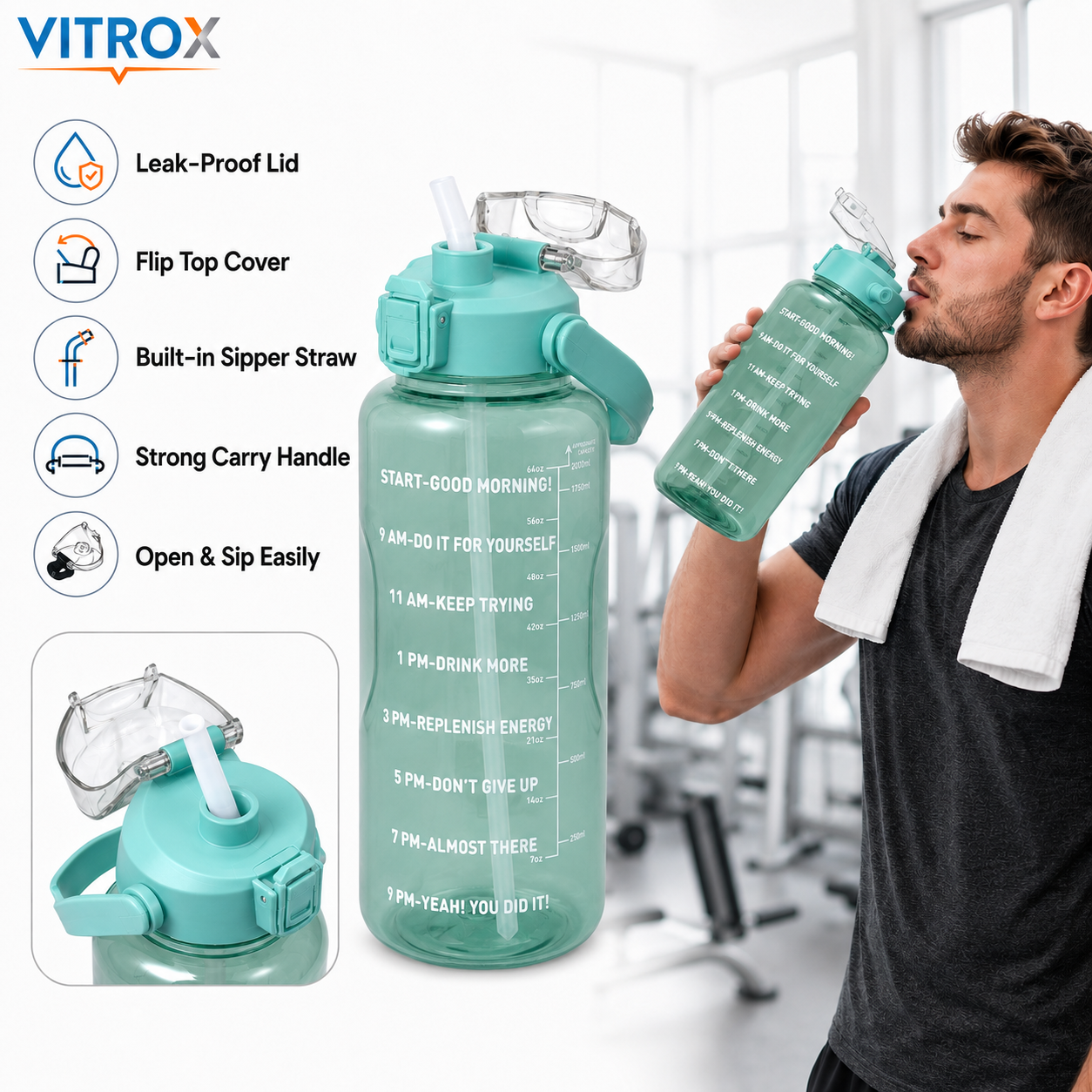 Vitrox 2 Litre Motivational Water Bottle –Aqua Green