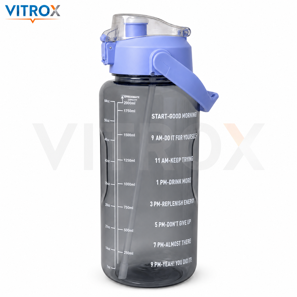 Vitrox 2 Litre Motivational Water Bottle - smoky transparent black with a periwinkle blue lid