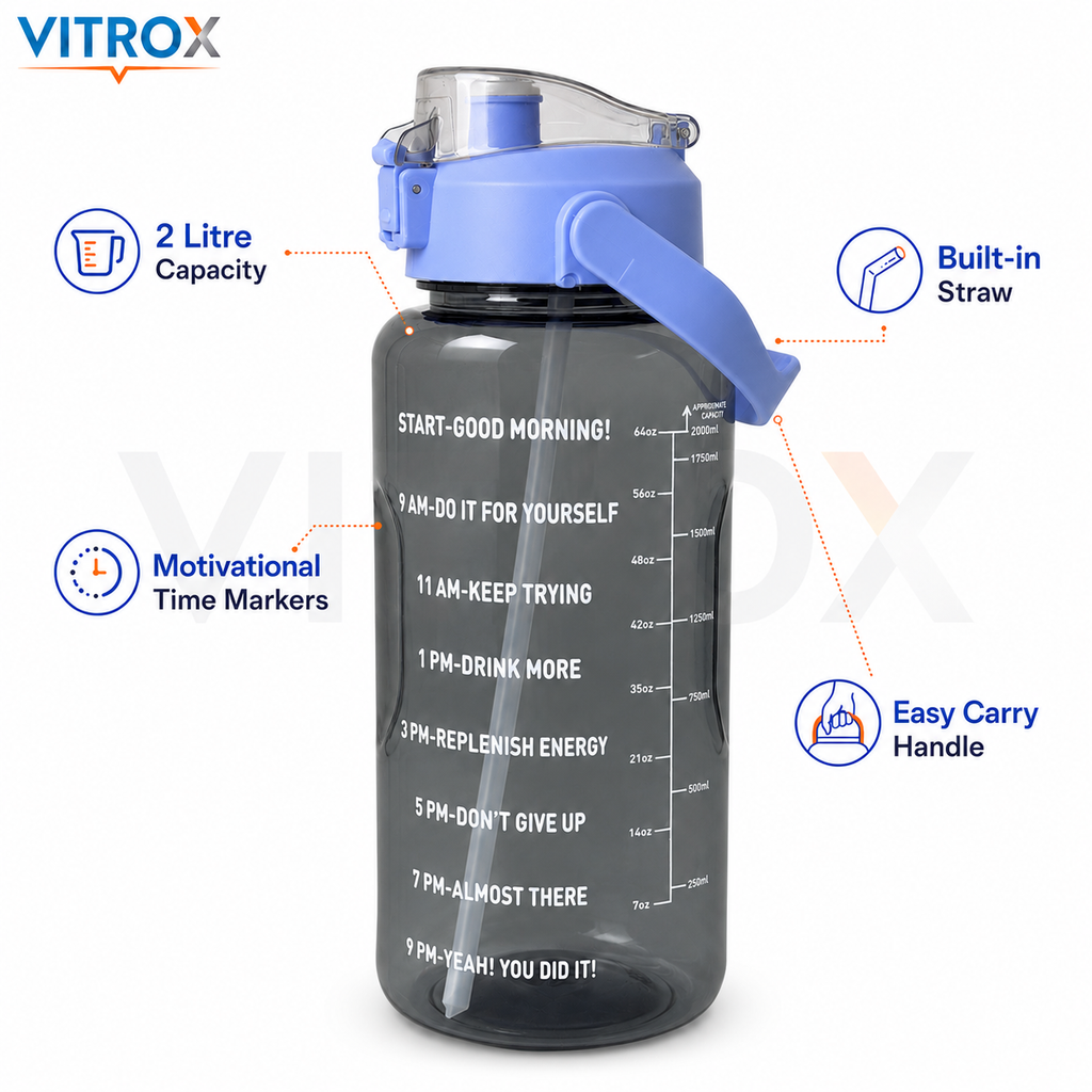 Vitrox 2 Litre Motivational Water Bottle - smoky transparent black with a periwinkle blue lid