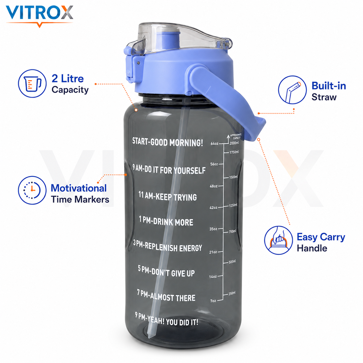 Vitrox 2 Litre Motivational Water Bottle - smoky transparent black with a periwinkle blue lid