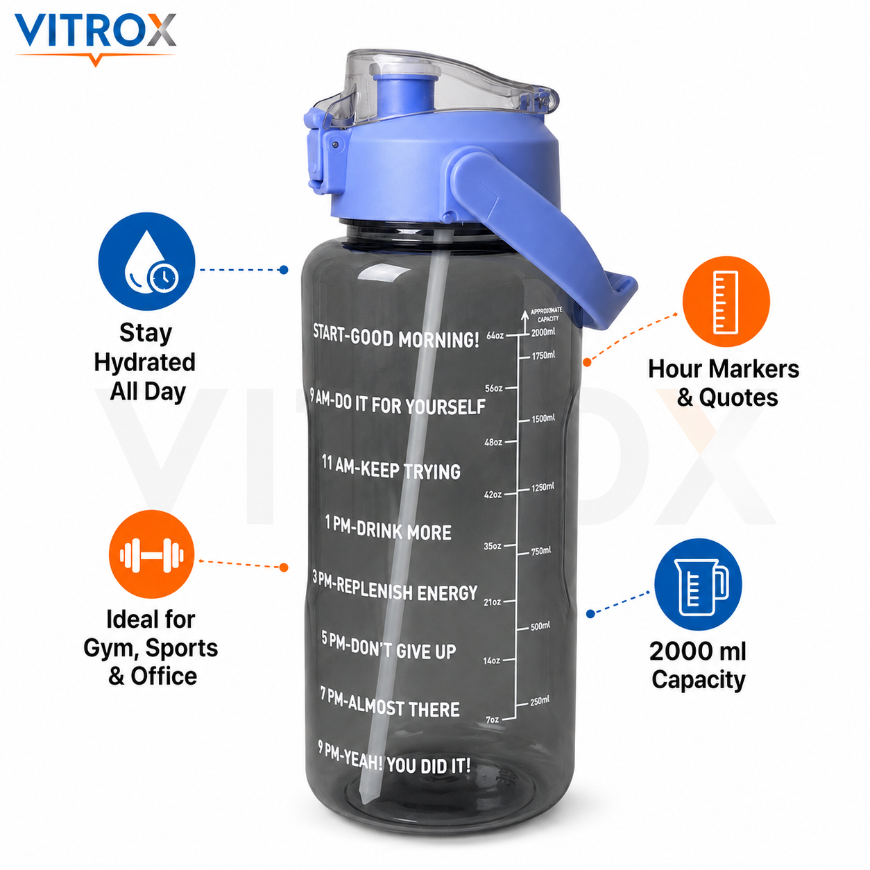 Vitrox 2 Litre Motivational Water Bottle - smoky transparent black with a periwinkle blue lid