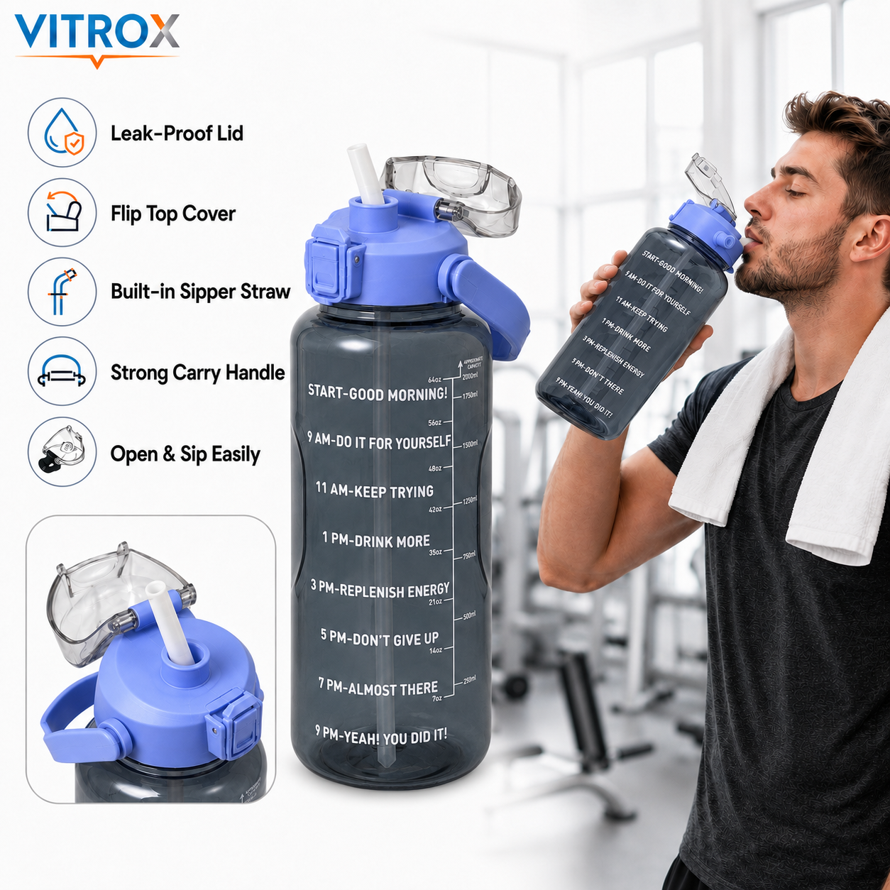 Vitrox 2 Litre Motivational Water Bottle - smoky transparent black with a periwinkle blue lid