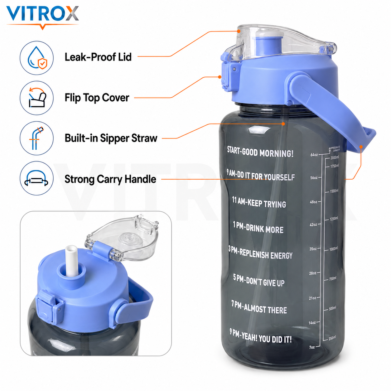 Vitrox 2 Litre Motivational Water Bottle - smoky transparent black with a periwinkle blue lid