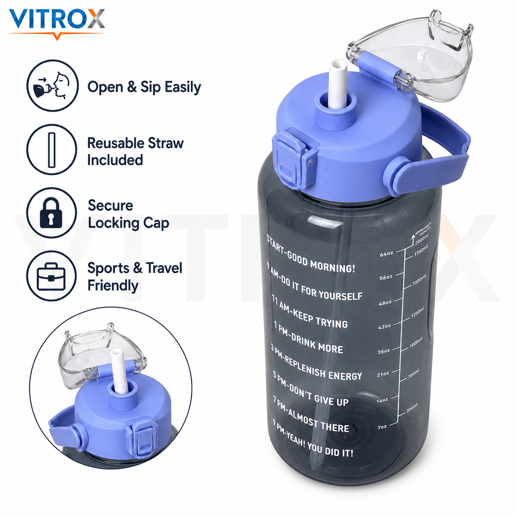 Vitrox 2 Litre Motivational Water Bottle - smoky transparent black with a periwinkle blue lid