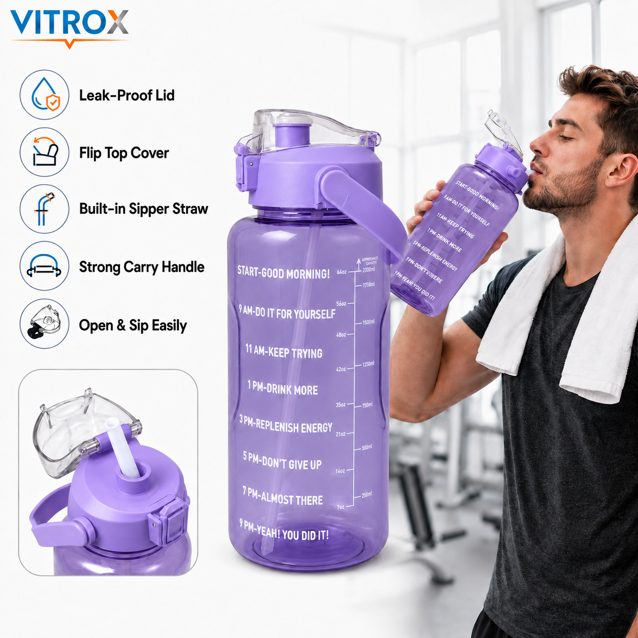 Vitrox 2 Litre Motivational Water Bottle – purple