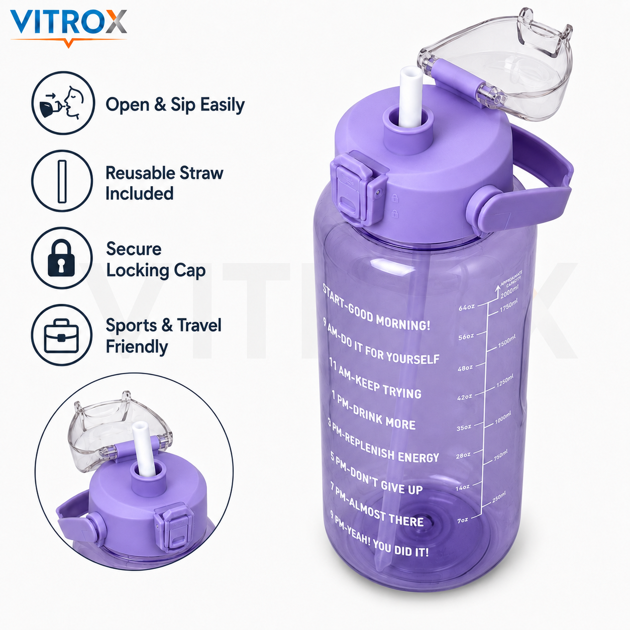 Vitrox 2 Litre Motivational Water Bottle – purple